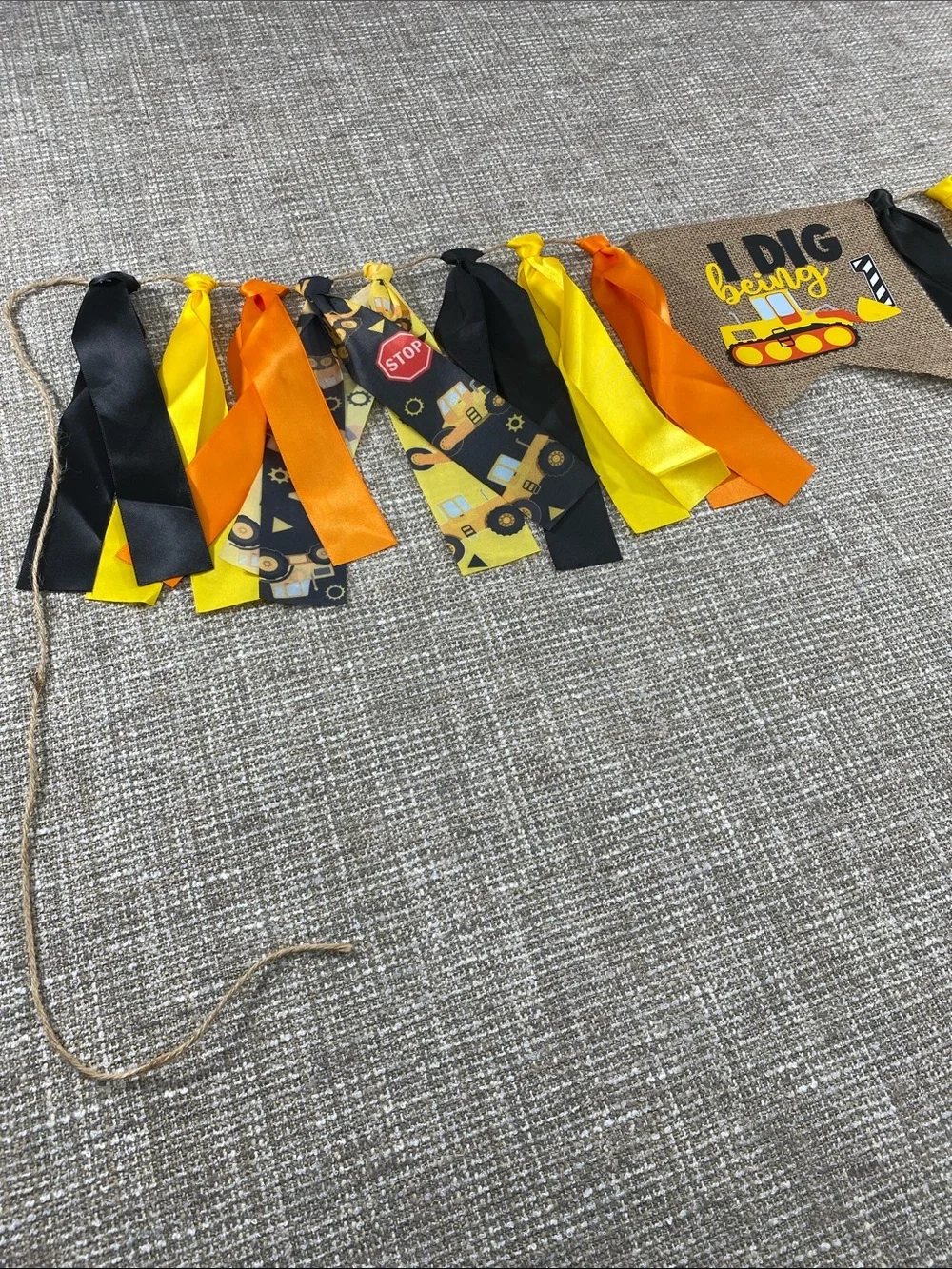 Construction Theme Ribbon Banner - Yellow Black Orange turning one year old
